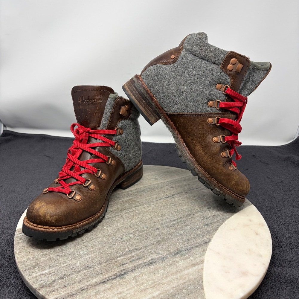 Woolrich Womens Brown Leather Gray Wool Hiking Boots 7.5 Red Lace Hiking Winter